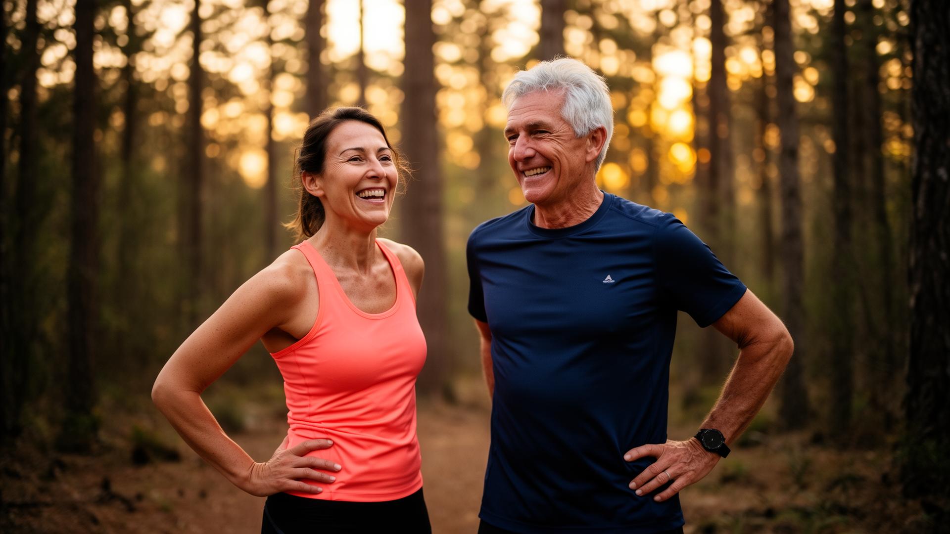 Two runners of different ages smiling after a shared training in warm sunlight