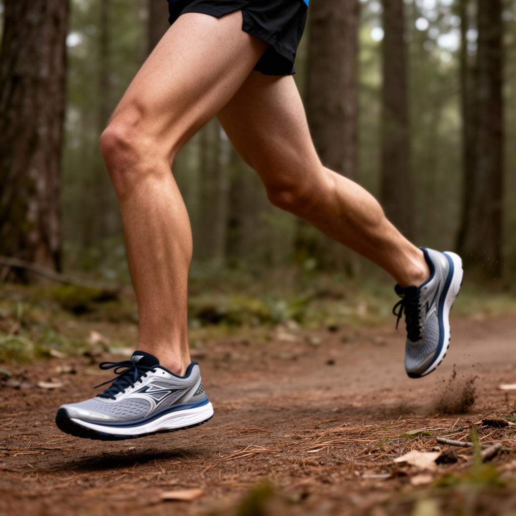 Close-up of a runner's legs showing clean technique on a forest path