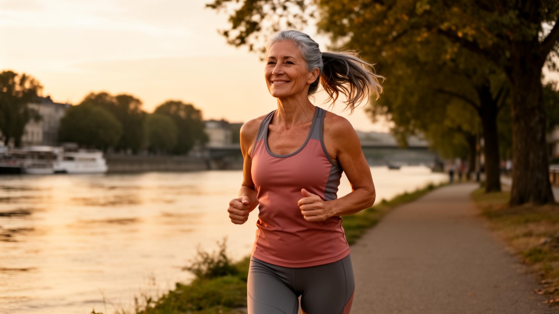 Active runner around 60 years old at the Rhine in Basel in warm evening light