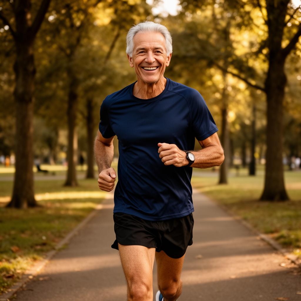 Active senior jogging in the park with visible joy