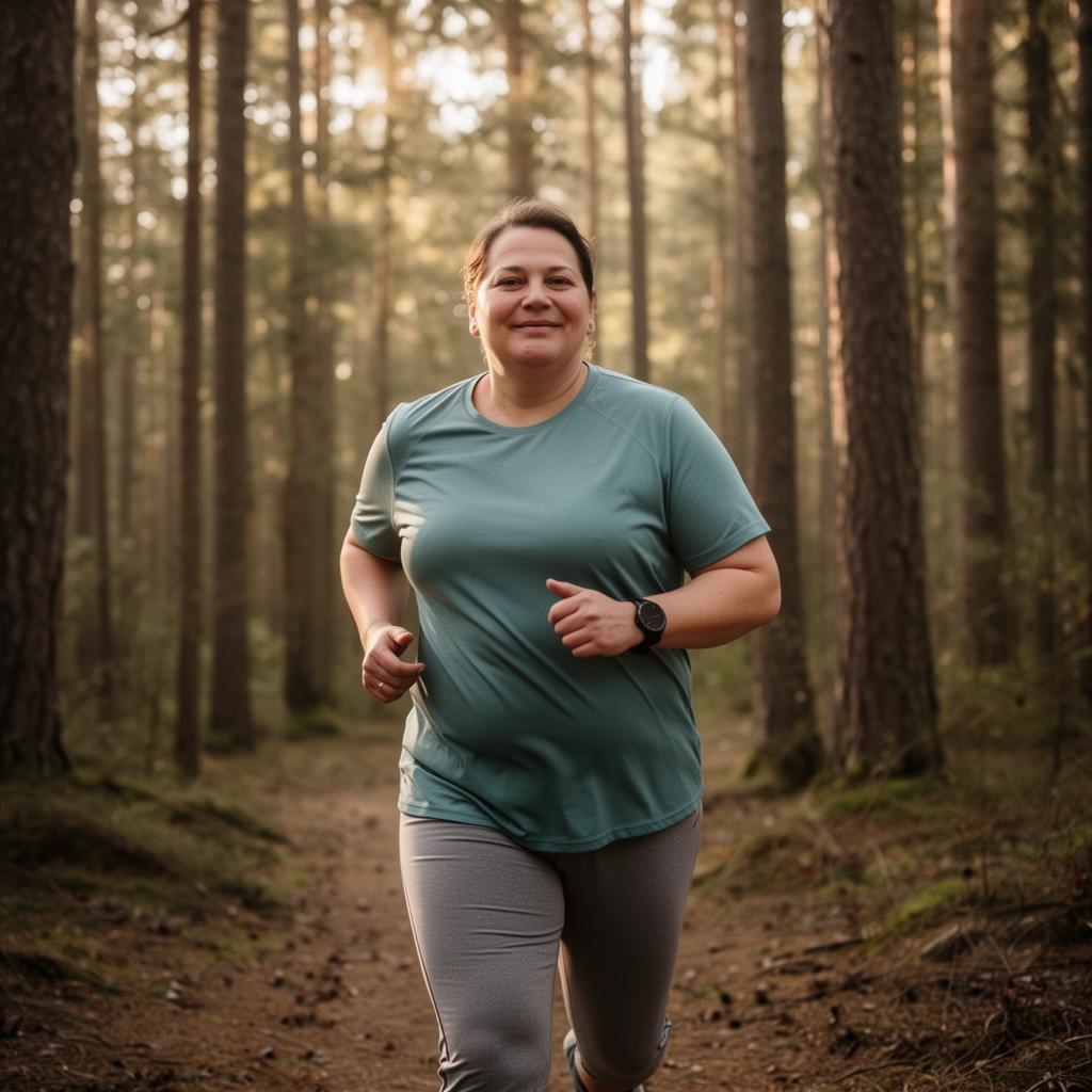 Heavier-set runner at an easy pace at the edge of the woods